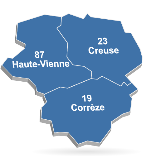 Carte des départements 19 (la Corrèze), 23 (la Creuse) et du 87 (la Haute-Vienne)